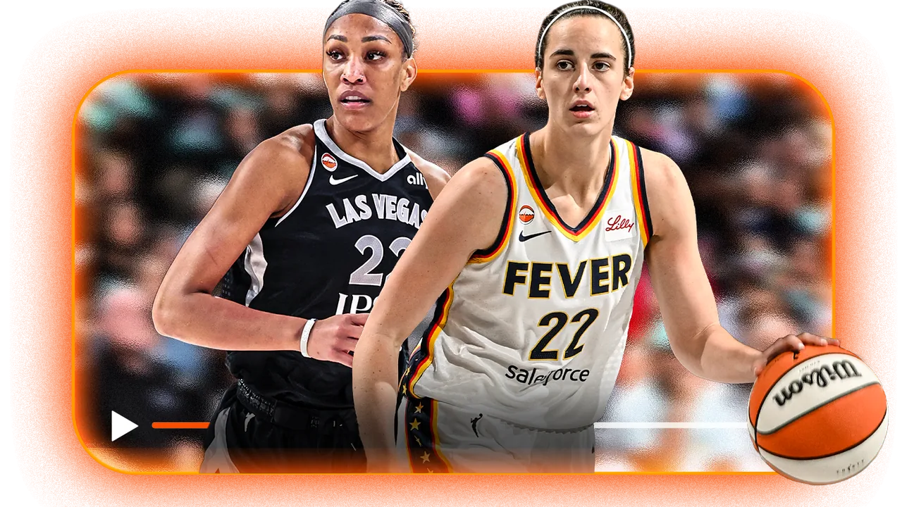 WNBA League Pass artwork featuring Las Vegas and Indiana players inside a video frame