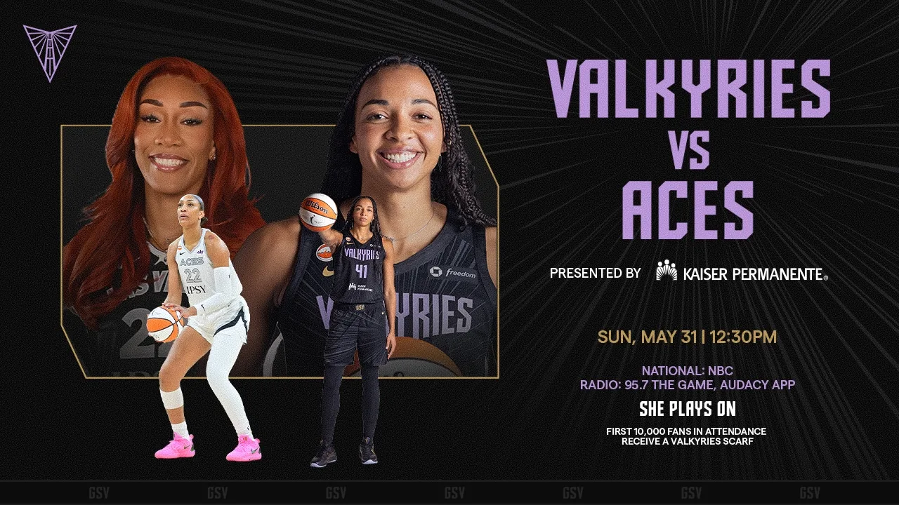 Valkyries versus Aces game graphic listing radio on 95.7 The Game and the Audacy App