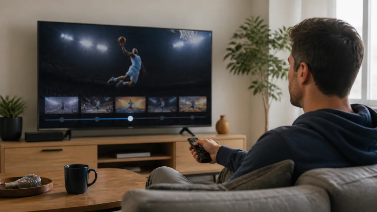 Basketball fan using a television streaming interface after a game