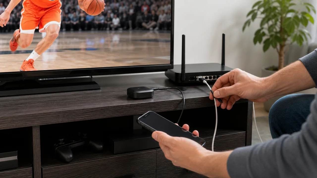 Basketball streaming setup with television, router and mobile device being checked