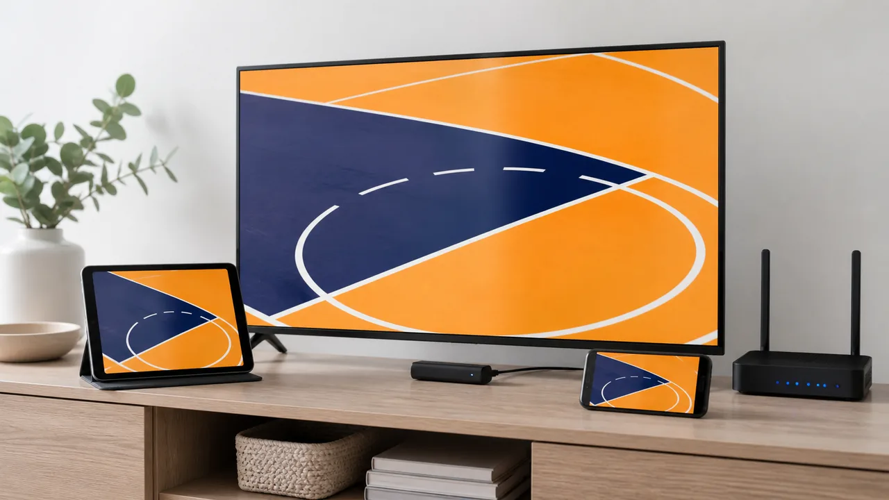 Television, streaming stick, tablet and phone arranged for basketball viewing